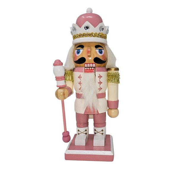 White and Pink King Soldier 9" Wood Christmas Nutcracker - Personalized - Picture 3 of 4